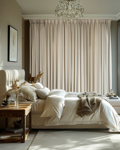 Luxurious bedroom with TheHues Kensington linen look custom blackout curtains. Elegant pinch pleat header, tailored for privacy & light control.