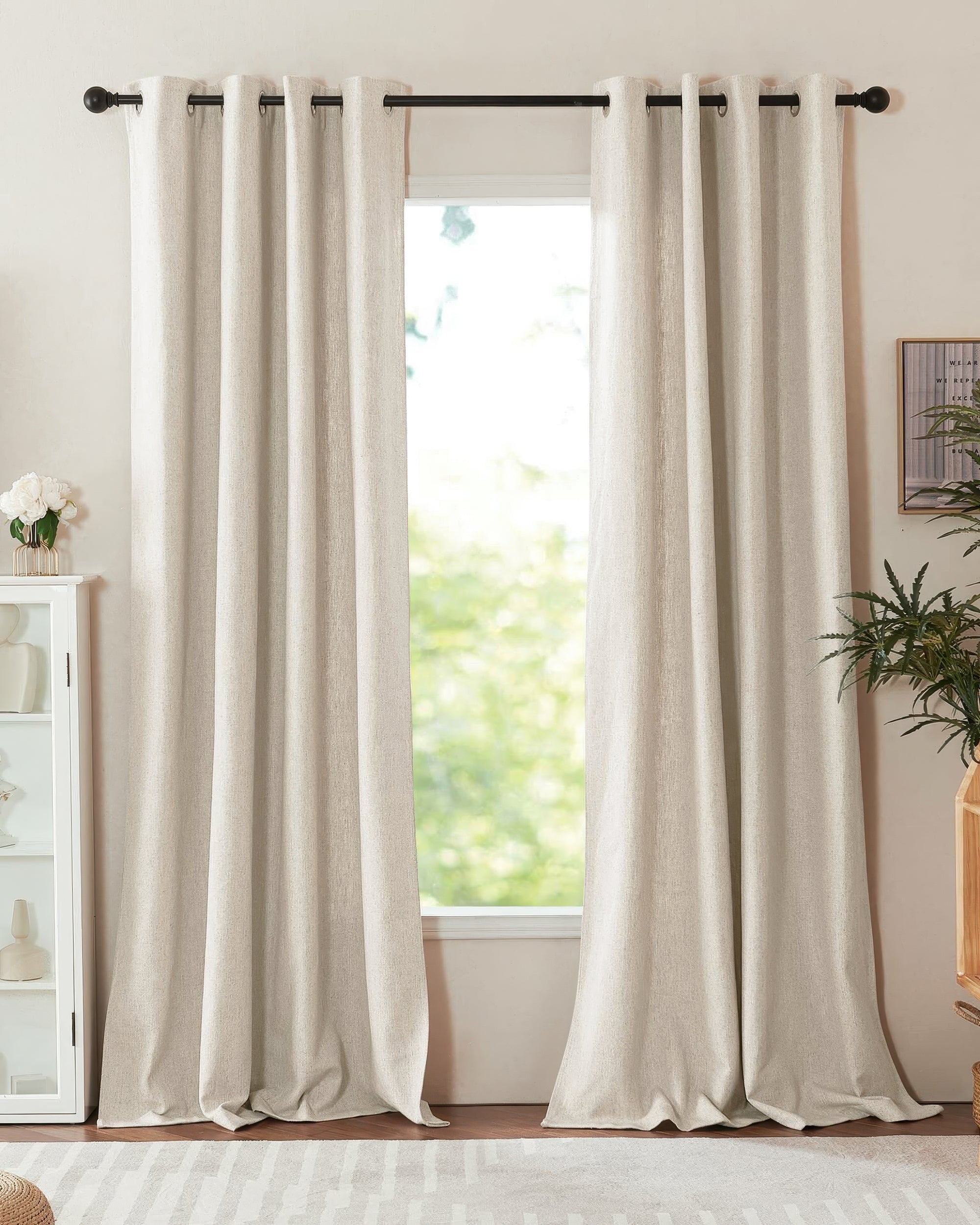 Elegant heavyweight Venetian linen blend custom curtains, light neutral, with grommet header, showing rich texture and soft drape for windows.