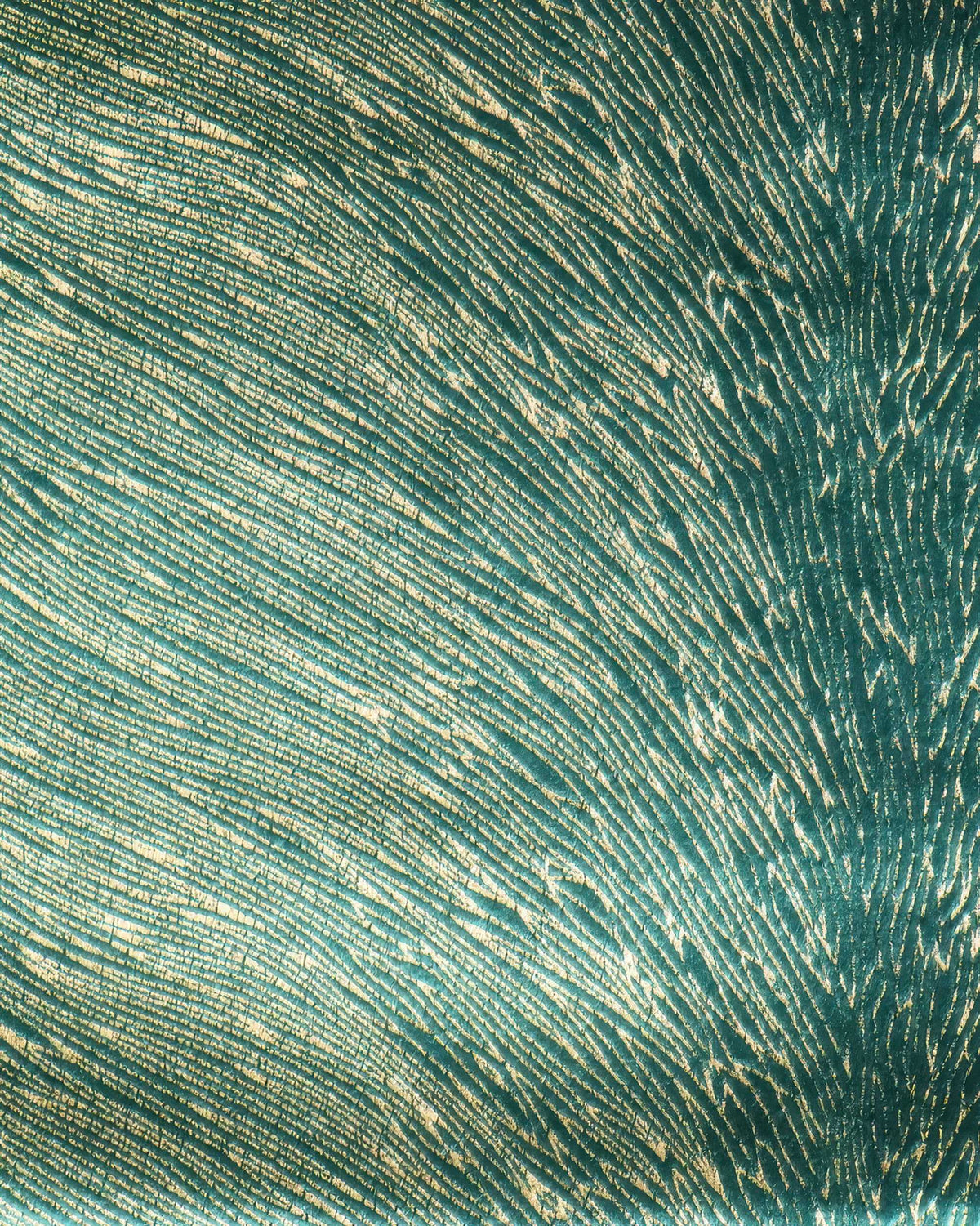 Deep teal velvet fabric with shimmering gold Palma foil print pattern, ideal for luxurious custom drapery.