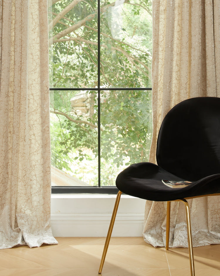 Luxor Foil Printed Velvet Custom Curtains in cream with gold abstract pattern, a luxurious Italian designed window treatment.