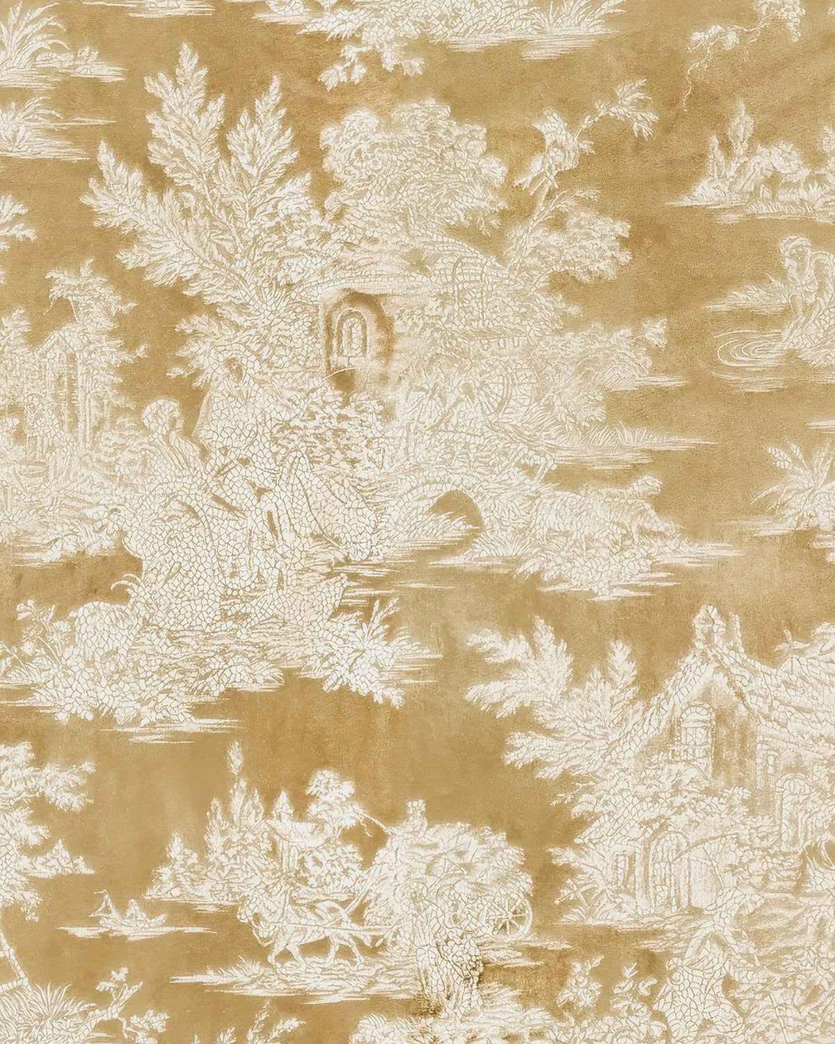 Zen Foil Printed Velvet custom curtain fabric featuring a distressed Italian toile pattern with pastoral scenes in shimmering beige on golden velvet.