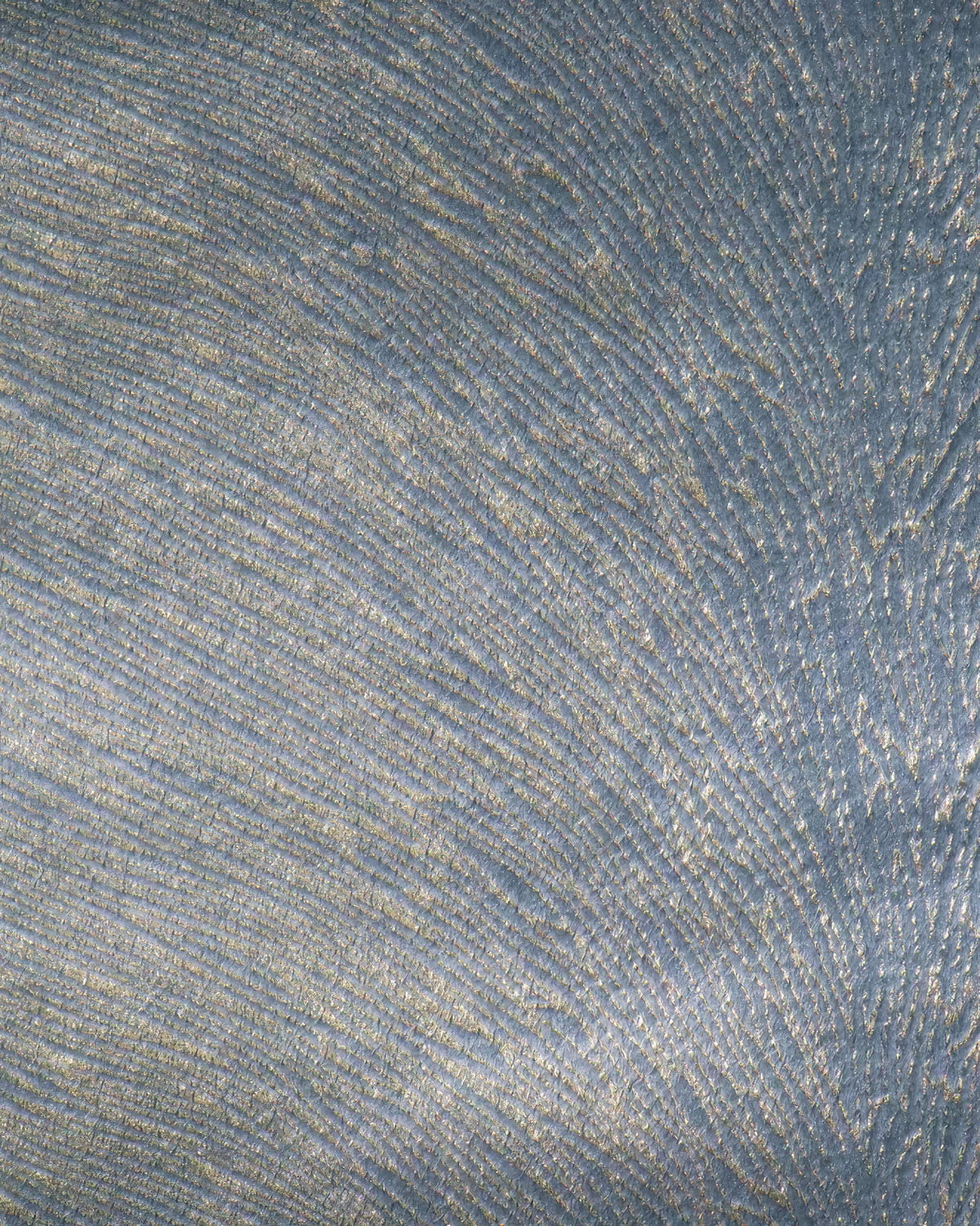 Close-up of Palma blue-grey velvet custom curtain fabric featuring an Italian-designed metallic foil print with a textured, curved pattern.