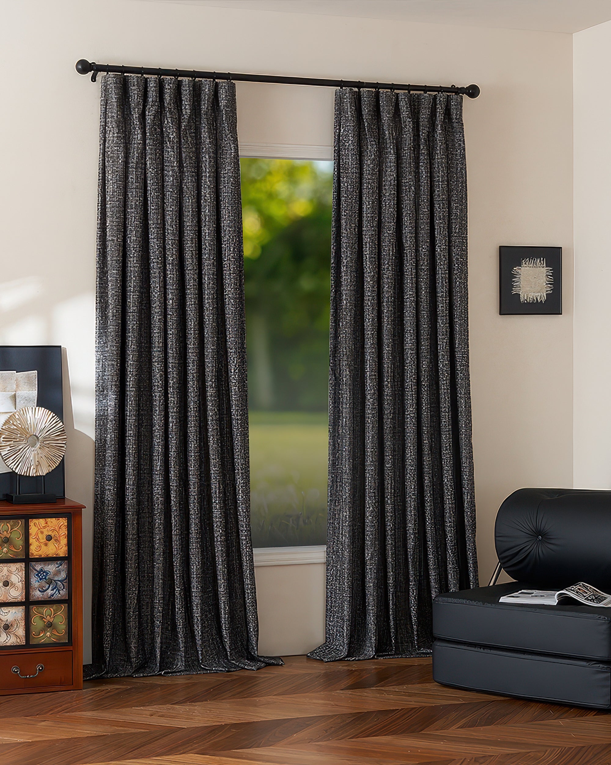 Glint Linen Blend shimmering textured custom drapery in dark gray, offering elegant light control for sophisticated home decor.