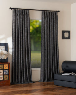 Glint Linen Blend shimmering textured custom drapery in dark gray, offering elegant light control for sophisticated home decor.