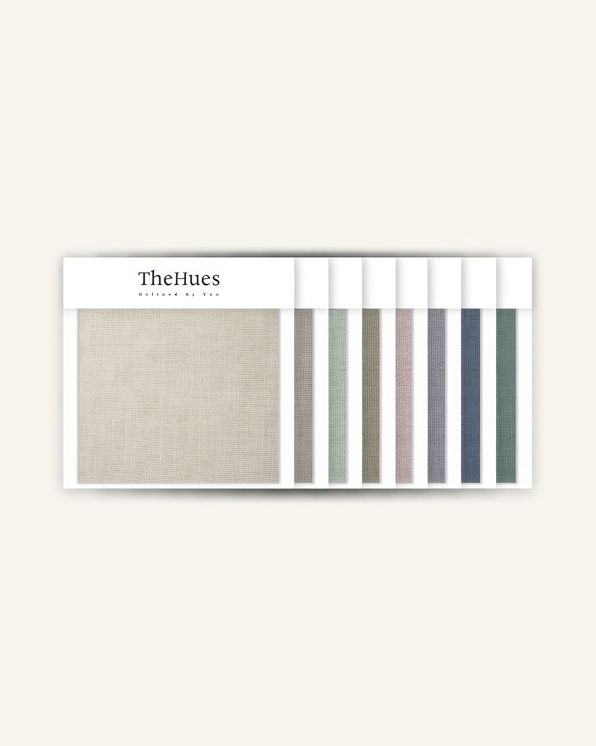TheHues Sally Linen Blend fabric swatches: a large natural linen sample and various color options for custom drapery.