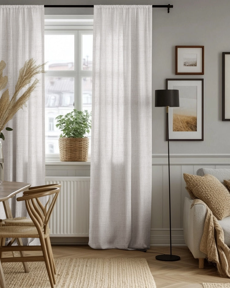 Sunveil pure linen sheer custom curtains with pleated header beautifully filter light in a sophisticated living space.