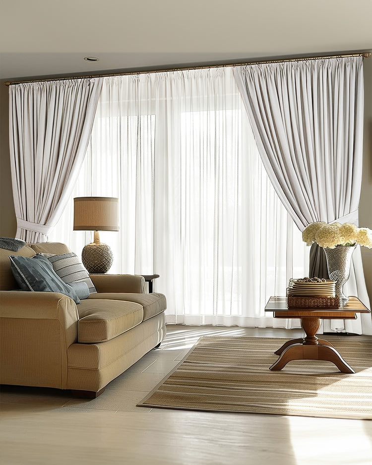 Victoria custom linen blackout curtains & sheer drapes in a living room, tied back. Heavyweight light grey window treatment.