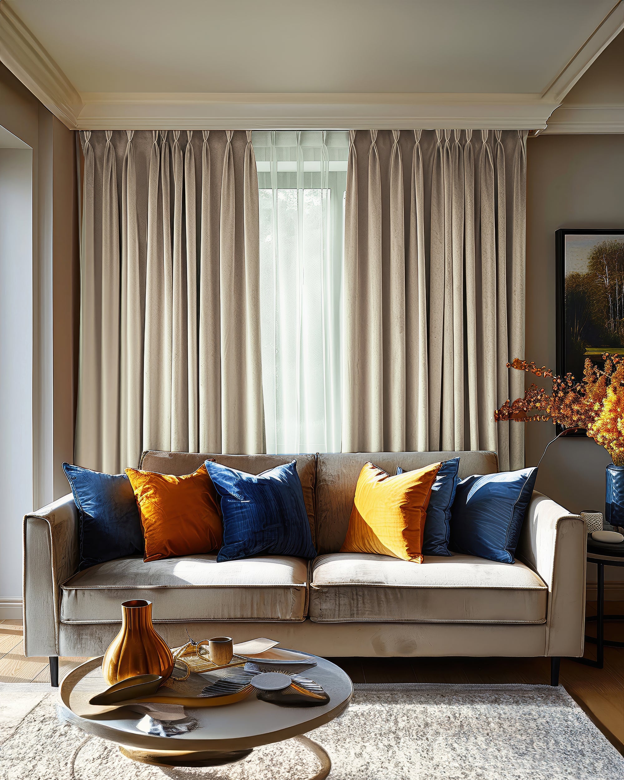 Tailored Laborien linen look custom drapery in light taupe, offering light control, enhances a sophisticated living room with elegant furnishings.