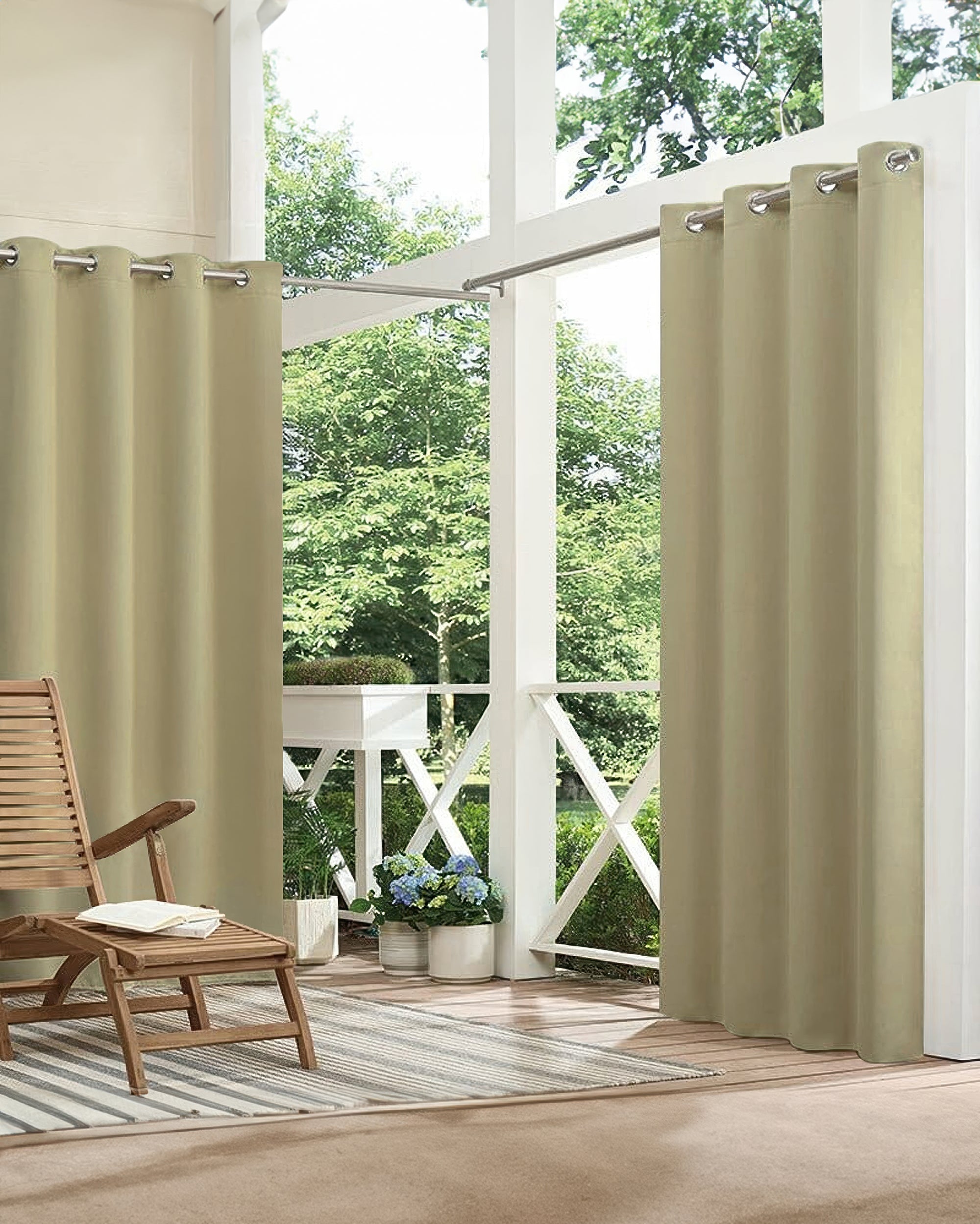 Khaki custom waterproof outdoor curtains with grommet tops hang on a patio, enhancing privacy and creating a stylish outdoor retreat.