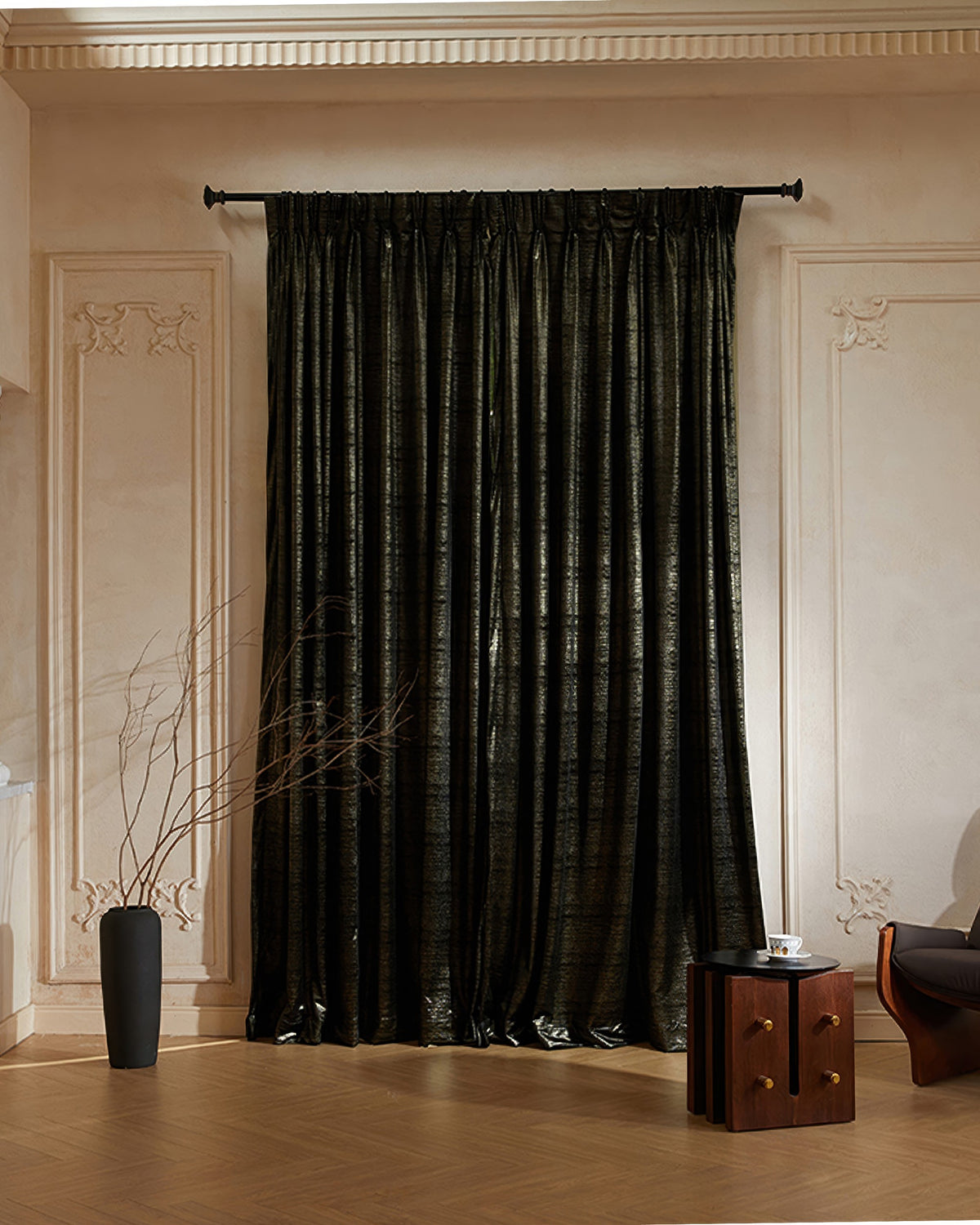Luxury Rome Foil Printed Velvet Custom Curtains in a sophisticated room with classical molding, offering elegant privacy & light control.