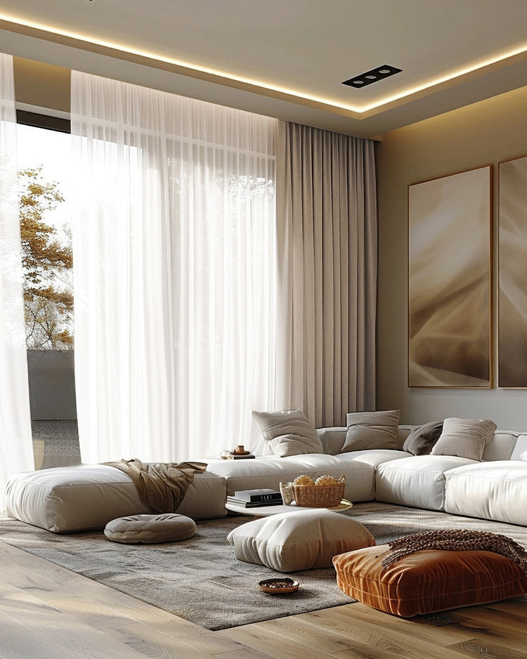 Elegant living room with layered custom window treatments: sheer white drapery & Quinn heavyweight velvet blackout curtains.