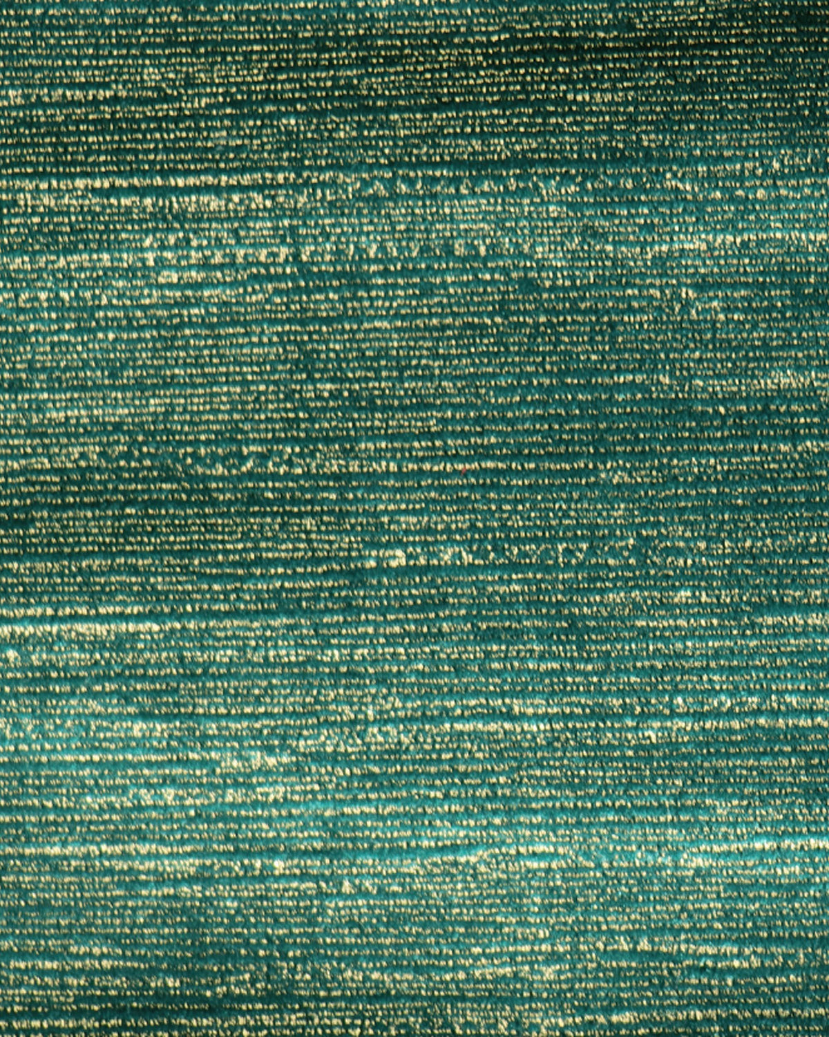 Close-up of Rome custom curtain fabric. Deep teal velvet with shimmering gold foil print in horizontal textured lines.