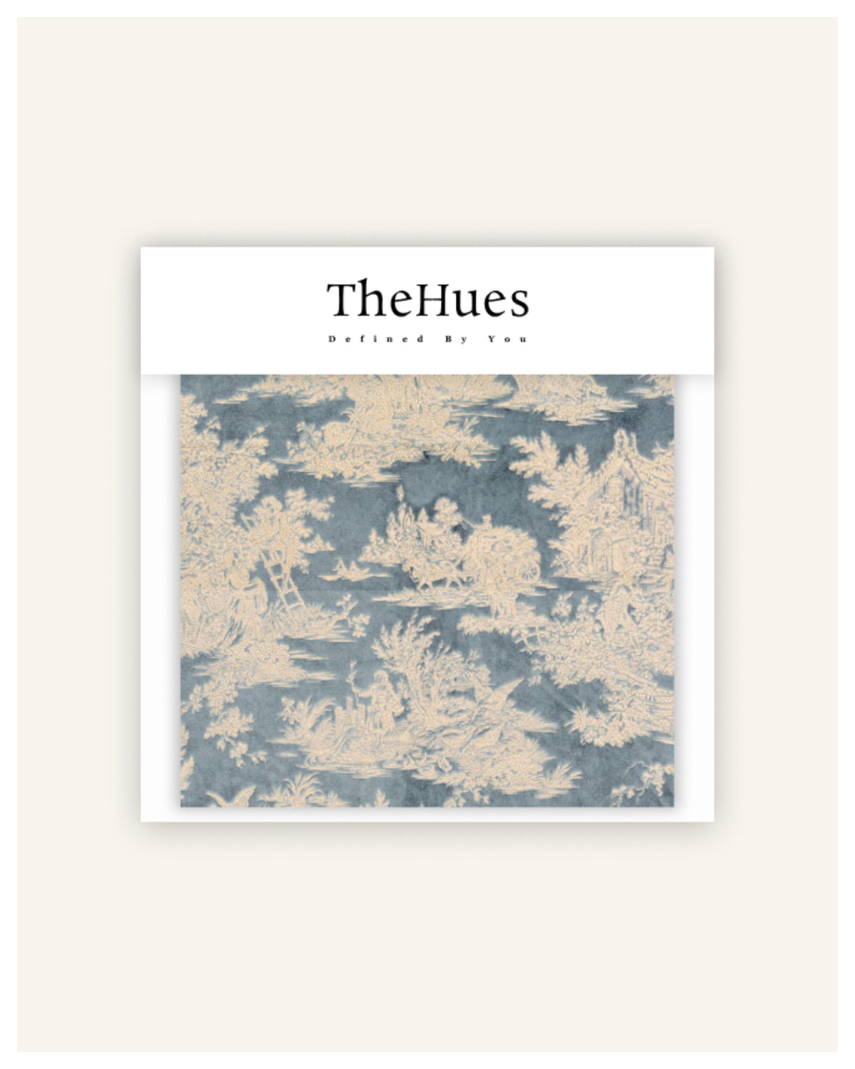 Blue Zen foil printed velvet fabric swatch with a beige Toile de Jouy pattern featuring serene landscapes and figures.