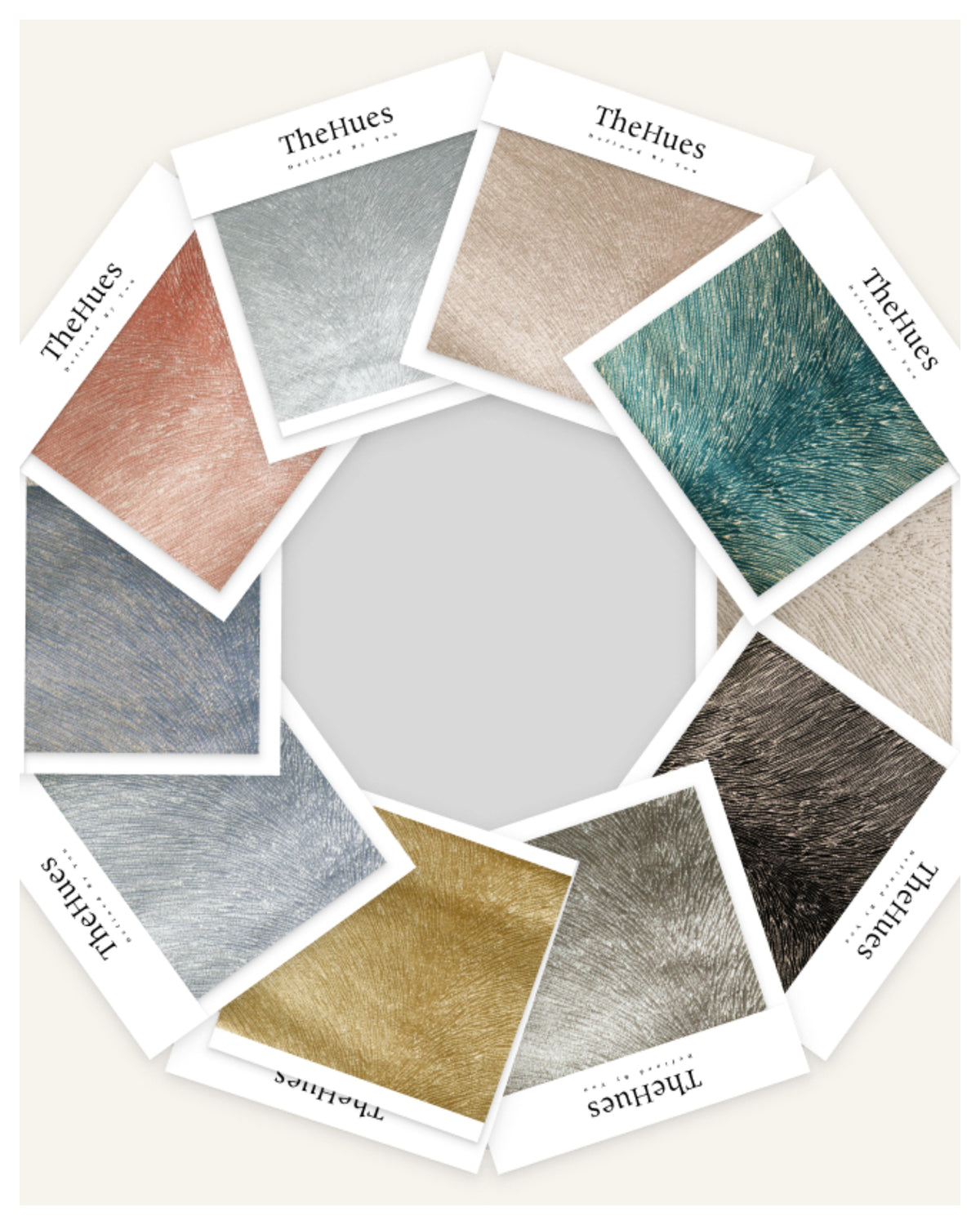 TheHues Palma foil printed velvet fabric swatches arranged in a circle, displaying various colors and textured patterns.