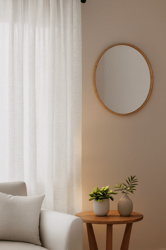 White Yarn Linen Look Sheer Custom Curtain softly filtering light in a modern living room, alongside a beige armchair and round mirror.