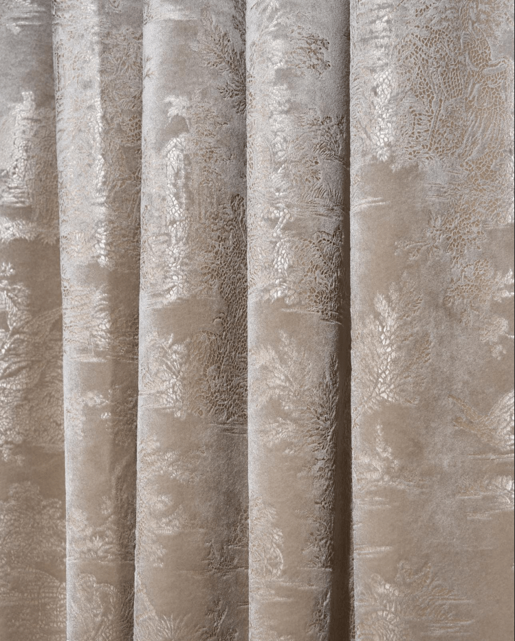 TheHues Zen foil printed velvet patterned custom curtain featuring shimmering metallic landscape scenery in soft folds.