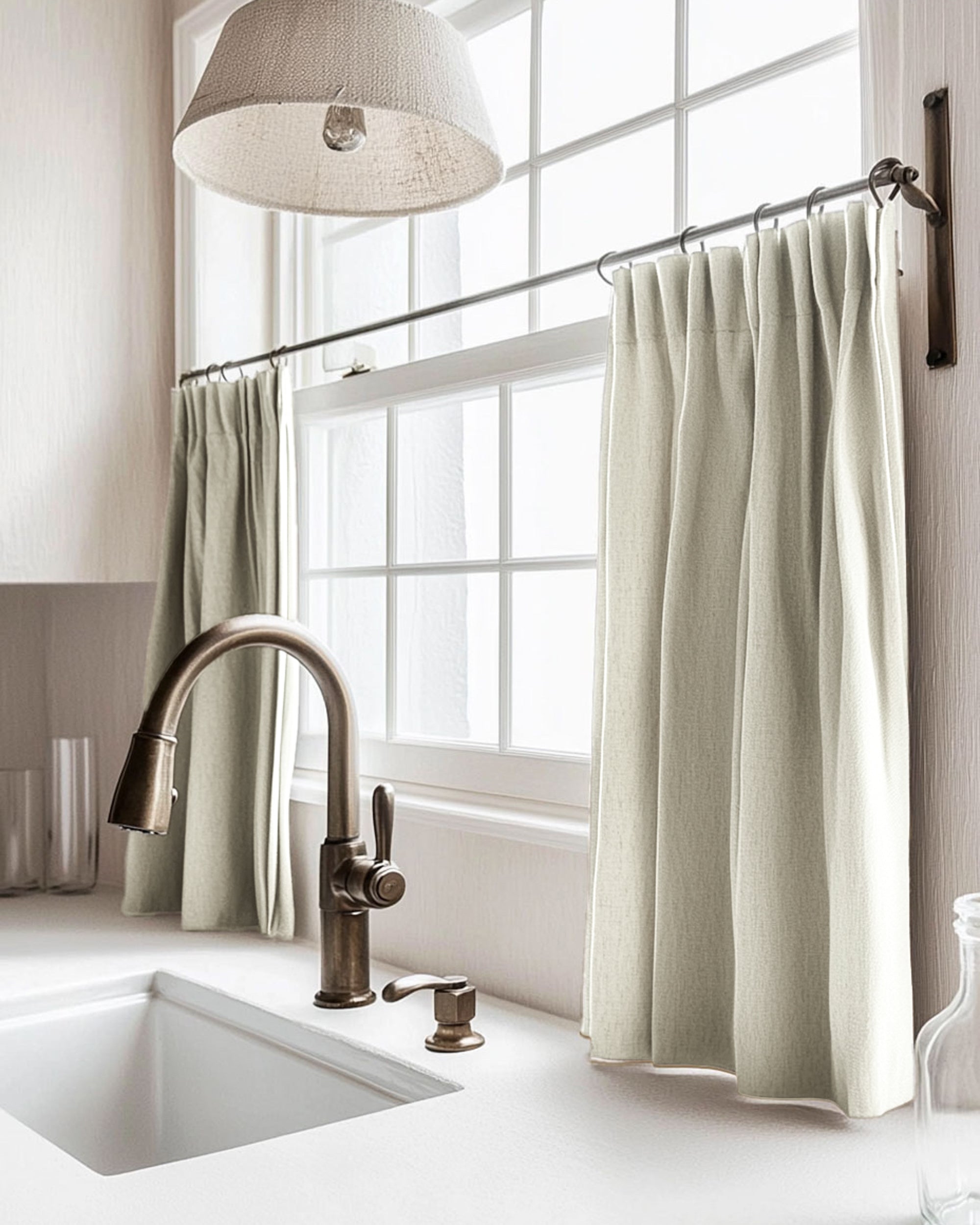 Tailored Zoe linen look cafe curtains elegantly dress a kitchen window above a sink, providing light control & cozy charm.