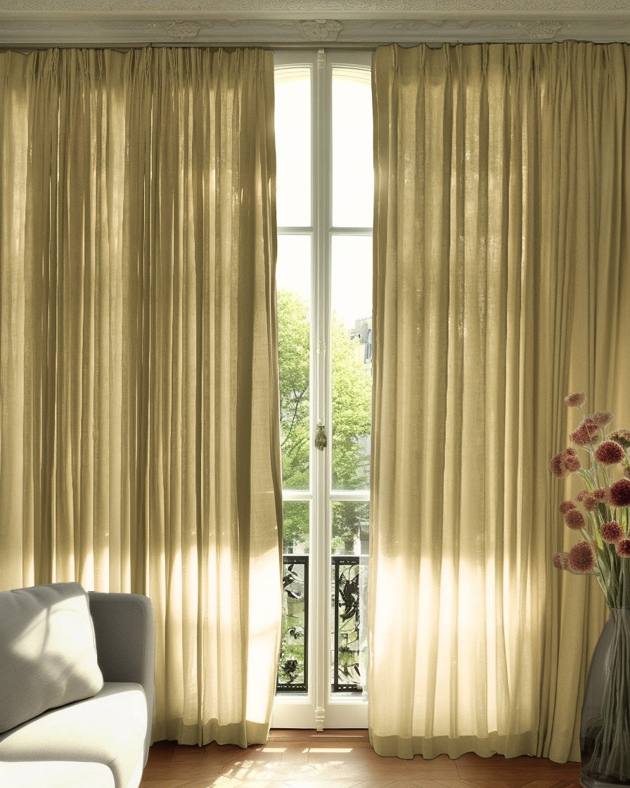 Cassie Linen Blend Custom Curtains in natural beige with an elegant pleated header, offering light control for sophisticated home decor.