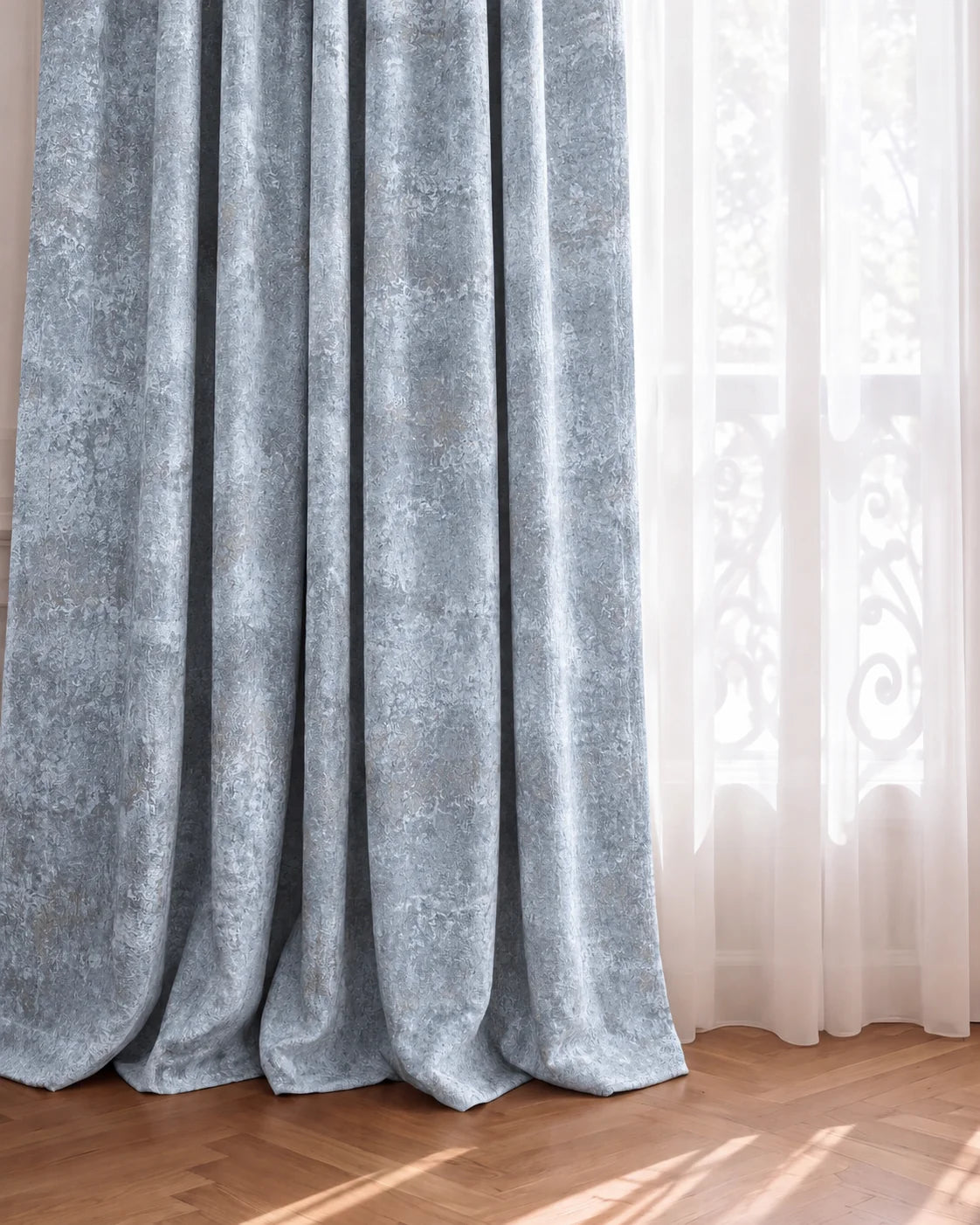 Impression Foil Printed Velvet Patterned Custom Curtain | Designed in Italy in Blue, curtain fabric detail.