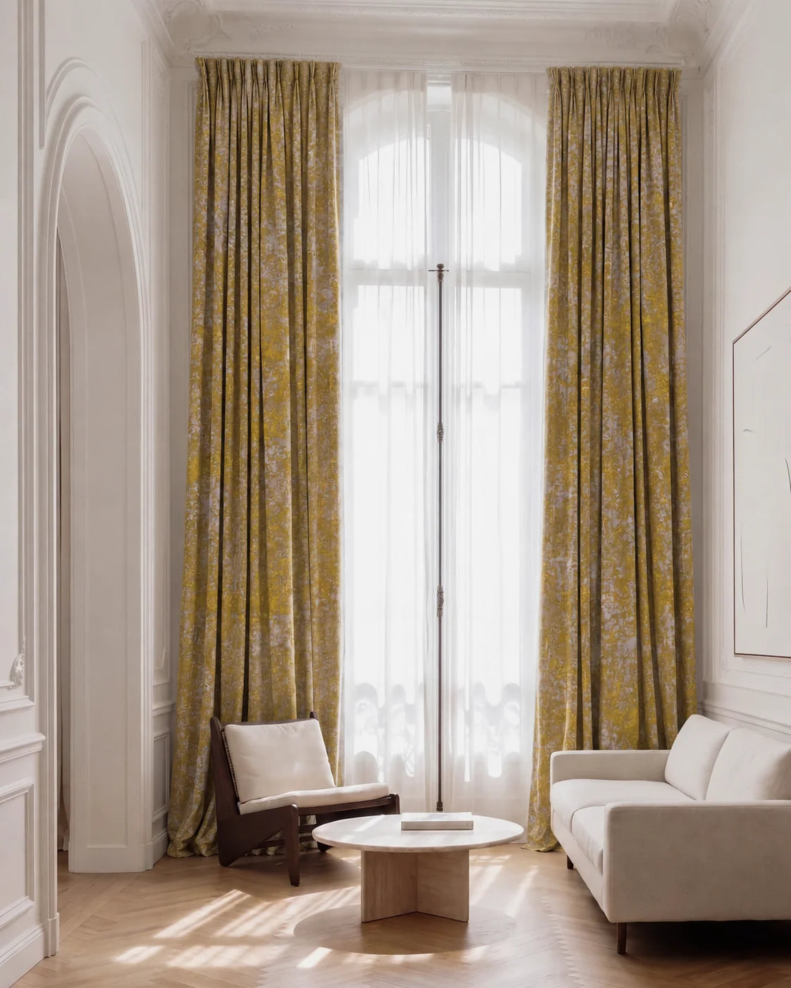 Impression Foil Printed Velvet Patterned Custom Curtain | Designed in Italy in Gold, open curtains.