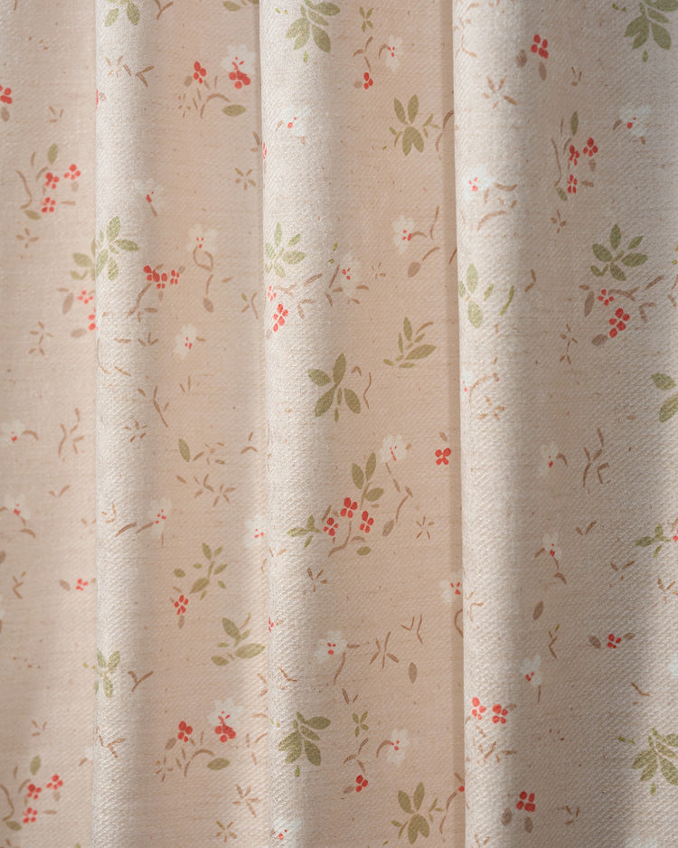 Whisper Linen Blend floral patterned fabric swatch for custom drapery featuring delicate red berries and green leaves.