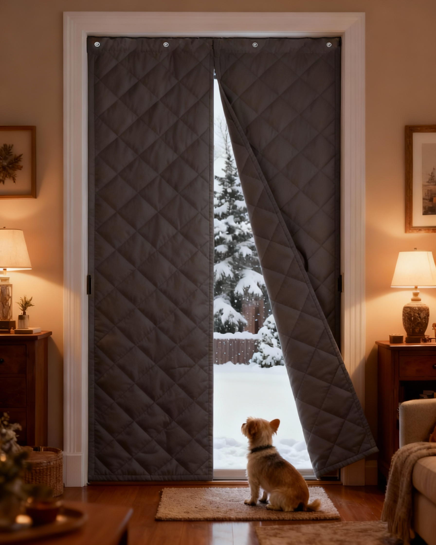 Dark brown quilted Oxford thermal insulated magnetic door curtain, partially open to a snowy winter scene, a small dog looking outside.