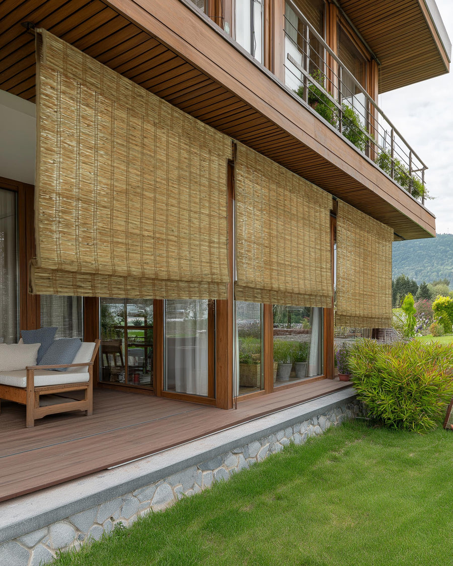 Straw Rumi Jute outdoor woven shades on a modern home's patio windows, offering natural texture, privacy, and light control.