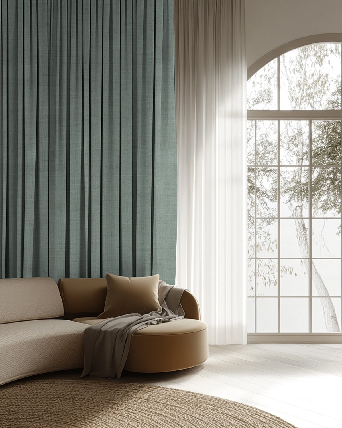 Custom Sally Linen Blend curtain in pleated teal/grey, paired with sheer white drapery, framing an arched window in a modern living room.