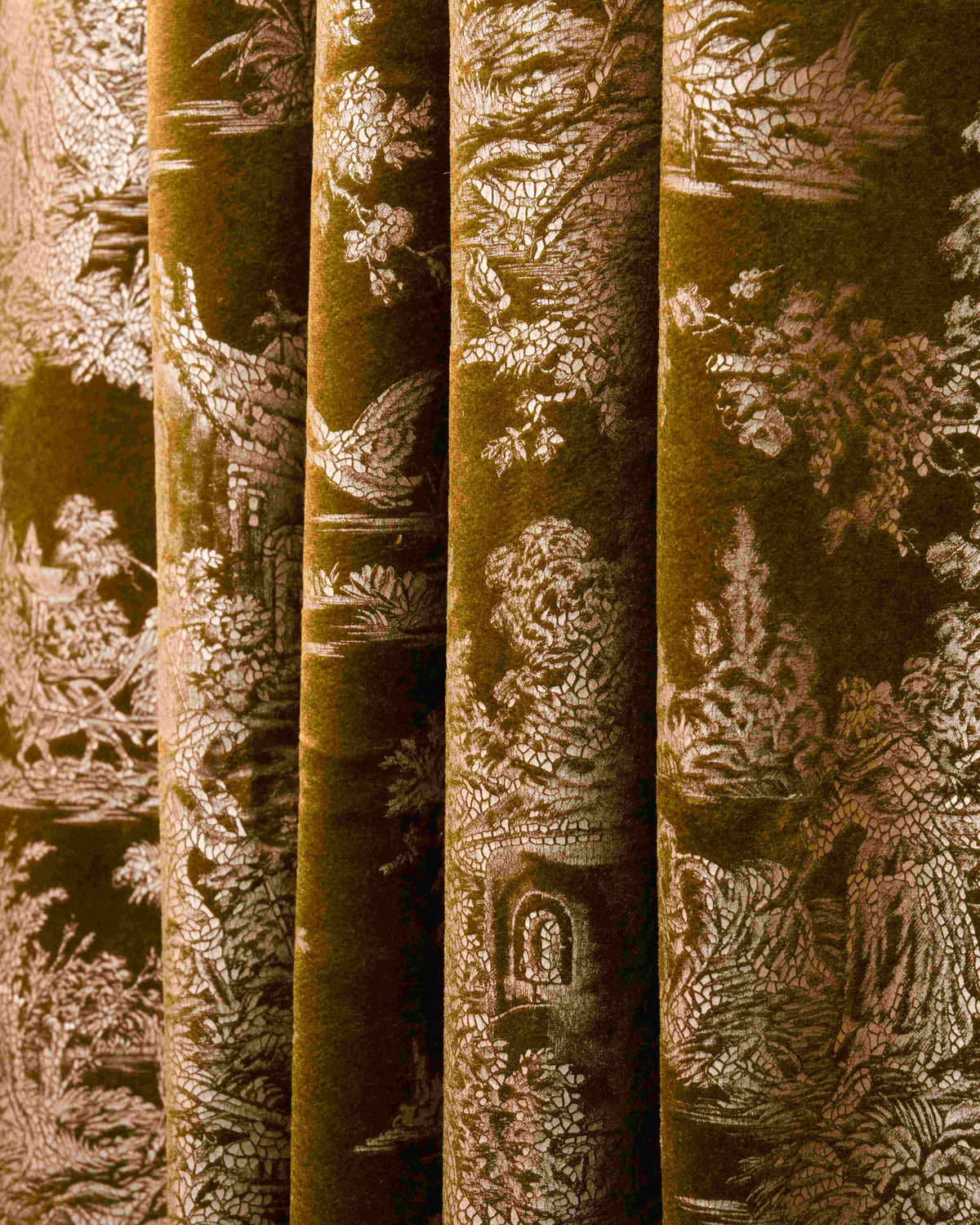 Elegant gold velvet custom curtain with a delicate foil-printed Zen scenic pattern, showcasing luxurious texture and soft drapes.