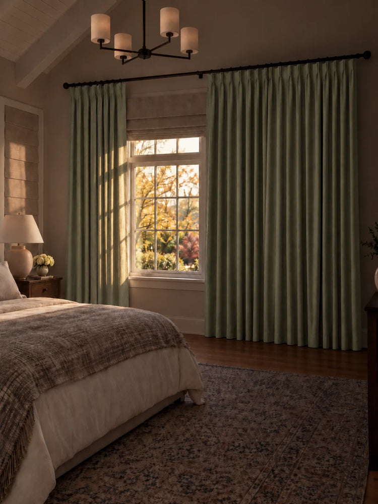 Zoe 100% Blackout Linen Look Custom Curtain in Sage Green, closed curtains.