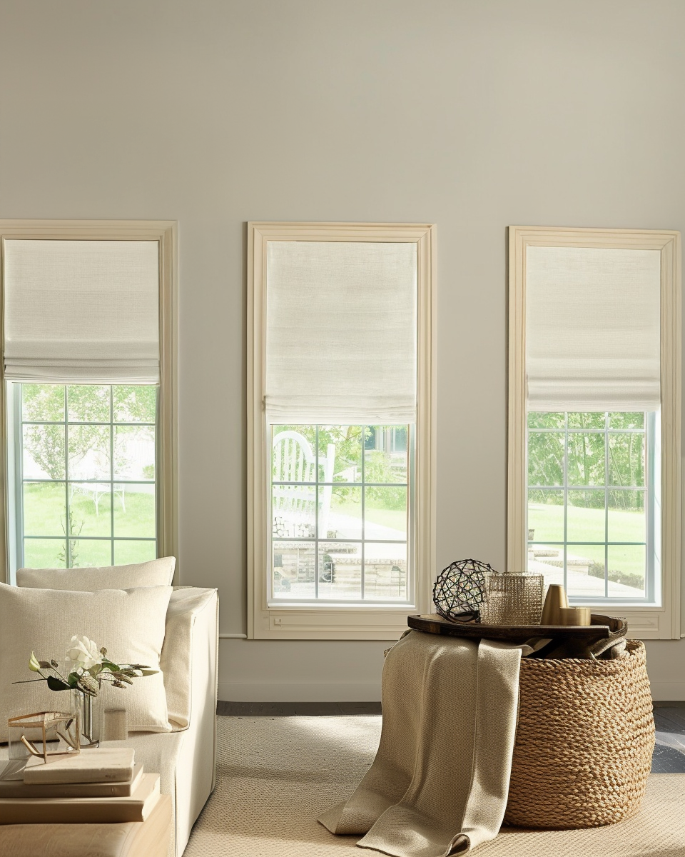 Three custom Zoe Flat Fold Roman Shades in cream linen-look fabric, offering tailored light control and sophisticated window treatment in a bright living room.