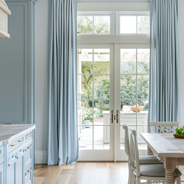 create a polished look with floor length curtains in the kitchen