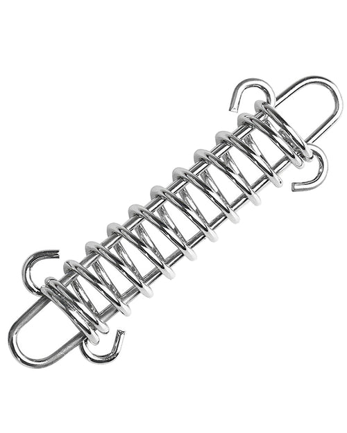 Durable silver tension spring with hooks, designed for securing outdoor awning, canopy, and tent systems.