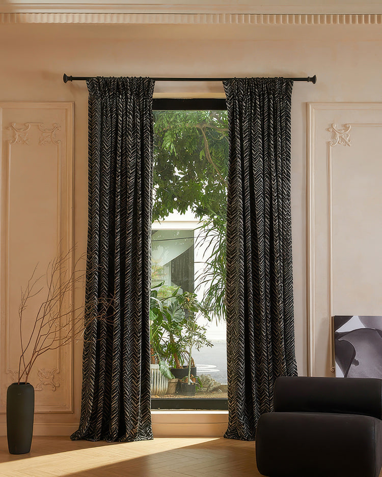 Aztec Linen Blend Woven Patterned Custom Curtains in a sophisticated room, offering privacy and elegant light control.