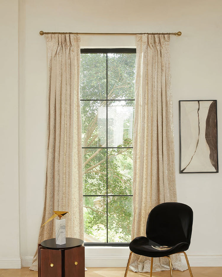 Luxor Foil Printed Velvet Patterned Custom Curtains with elegant pinch pleats, enhancing home decor with tailored window treatments.