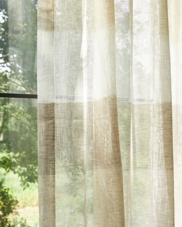 Raw linen blend custom semi-sheer curtain, detailed view of textured, light-filtering natural striped pattern.