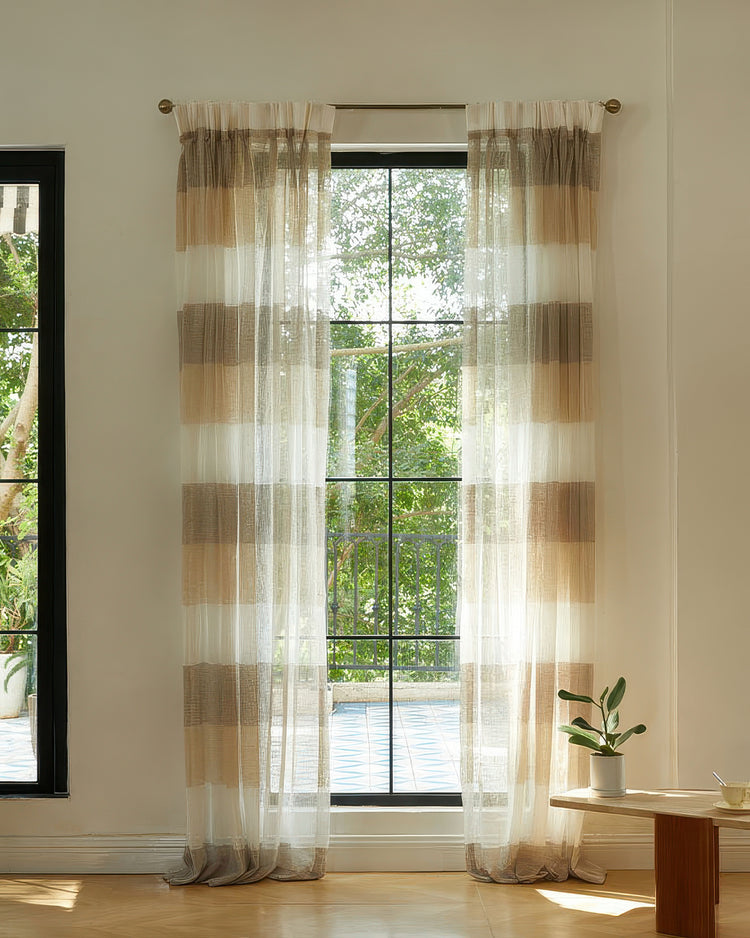Raw linen blend semi-sheer striped custom curtains in neutral colors, providing gentle light control and natural beauty.