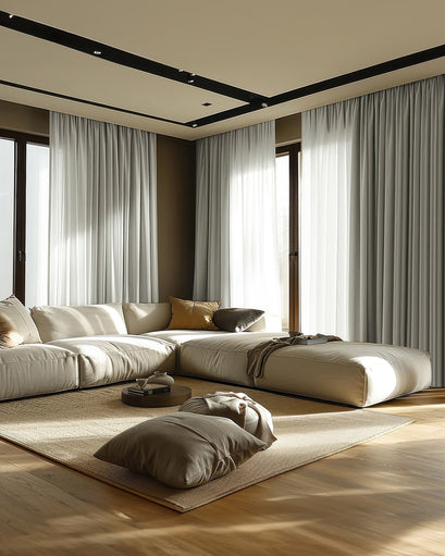 Kensington custom linen look curtains elegantly frame large windows in a modern living room, offering sophisticated privacy & light control.