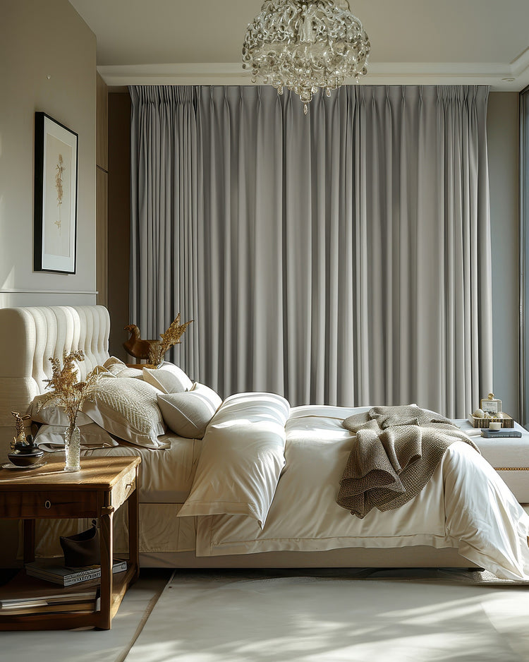 Kensington gray custom linen look blackout curtains fully covering a bedroom window, offering thermal and soundproof privacy.
