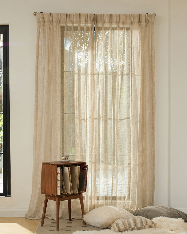 Full-length Manhattan Linen Blend Grid Sheer Custom Curtain in natural beige, softly filtering light through its delicate texture.