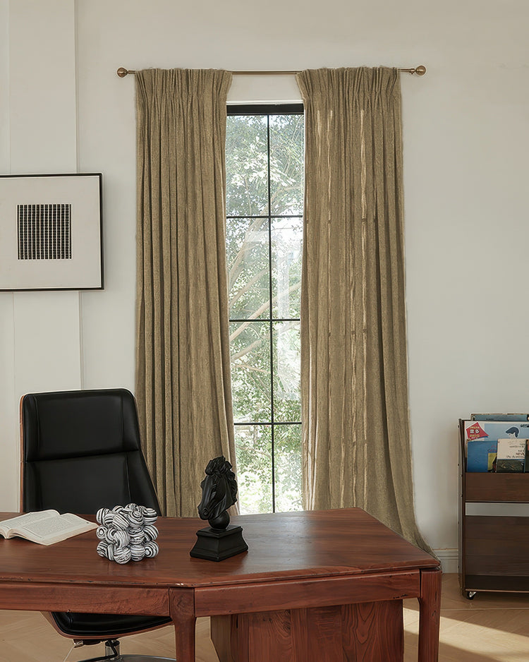 Ivy Linen Look Heavyweight Herringbone Textured Custom Curtains in a stylish home office, showcasing tailored window treatments.