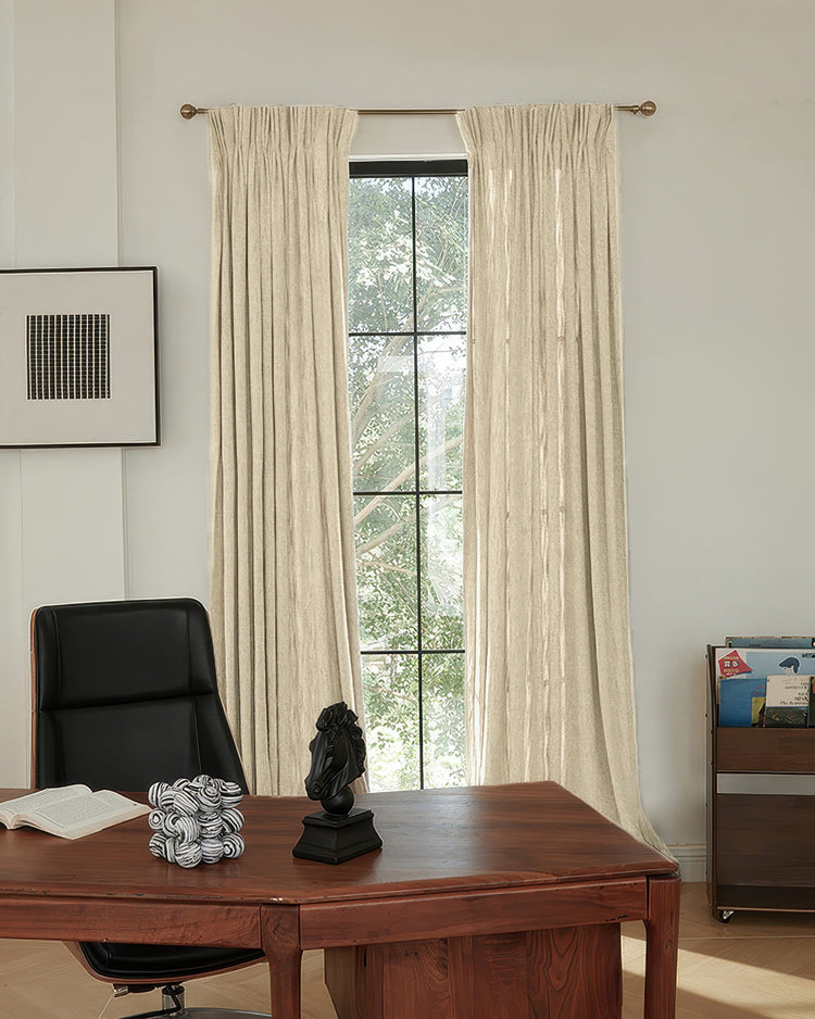 Natural beige Ivy Linen Look Heavyweight Herringbone Textured Custom Curtains in a home office, balancing privacy and light.