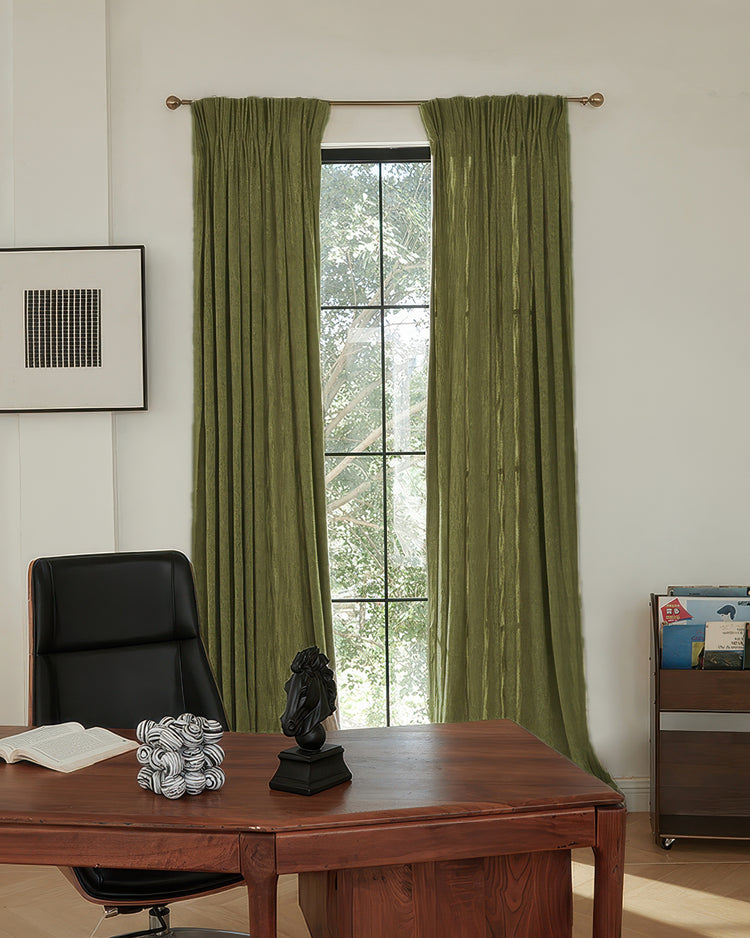 Green Ivy Linen Look heavyweight herringbone textured custom curtains in an elegant home office, offering soundproof and blackout functionality.