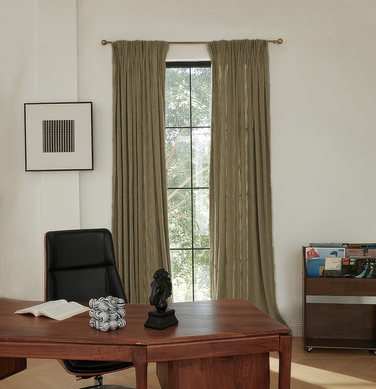 Ivy Linen Look Heavyweight Herringbone Textured Custom Curtains in muted olive, offering elegant privacy in a home office.