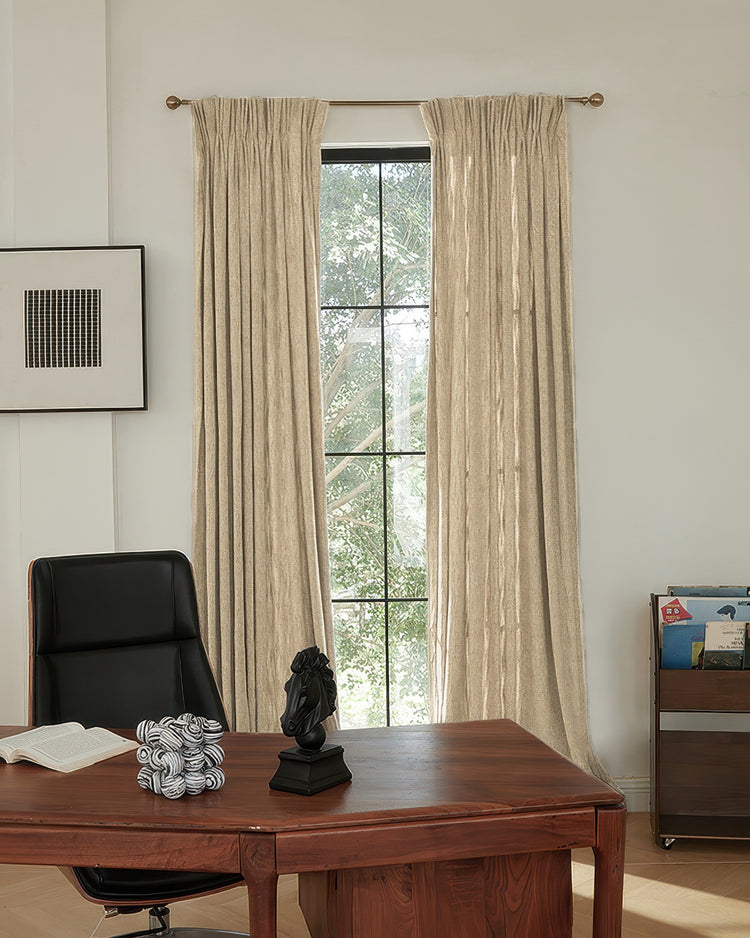 Ivy Linen Look Heavyweight Herringbone Textured Custom Curtains with pinch pleats framing a window in a home office.