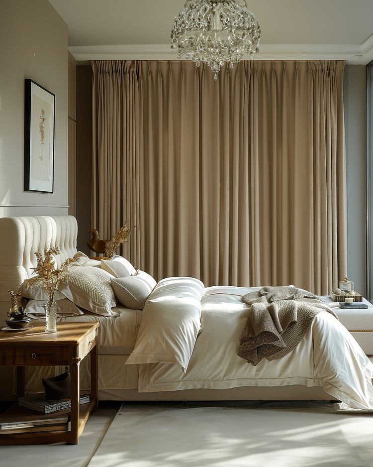 Elegant bedroom with Kensington 100% blackout linen look custom curtains. Heavyweight thermal drapery provides privacy & light control.
