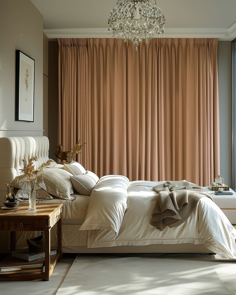 Elegant bedroom showcasing Kensington 100% blackout linen-look custom curtains, thermal and soundproof, enhancing sophisticated home decor.