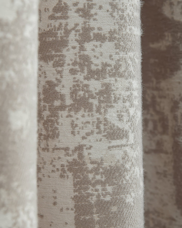 Close-up of Mist Patterned Heavyweight Custom Curtain fabric, revealing subtle textured beige abstract design for bespoke window treatments.