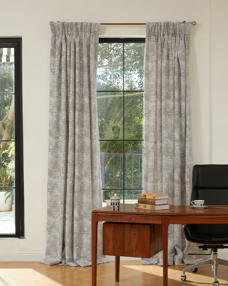 Mist patterned heavyweight custom curtains with gathered headers. Full length 100% blackout panels for thermal & soundproof privacy.