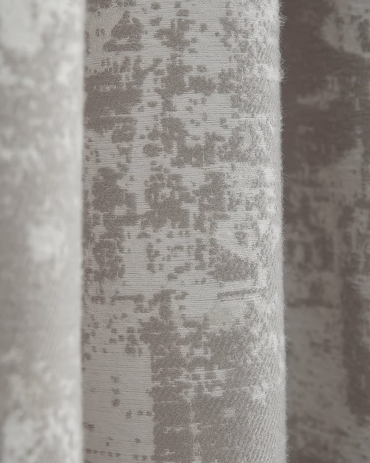 Close-up of Mist Patterned Heavyweight Custom Curtain fabric, detailing the soft grey abstract design and rich texture for elegant window treatments.